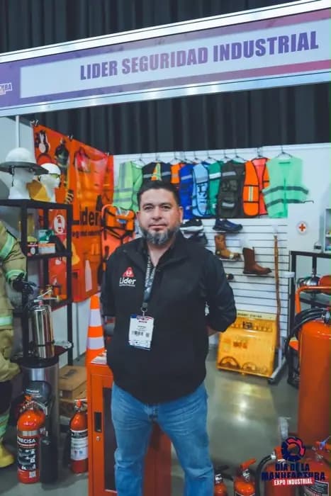 Expositor de equipo y herramienta industrial en su stand.